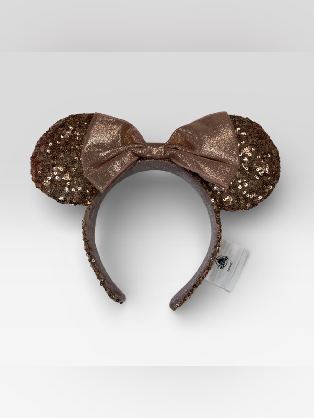 Disney Parks Rose Gold Sequin Pink Satin Bow Mouse Ears Headband EUC
